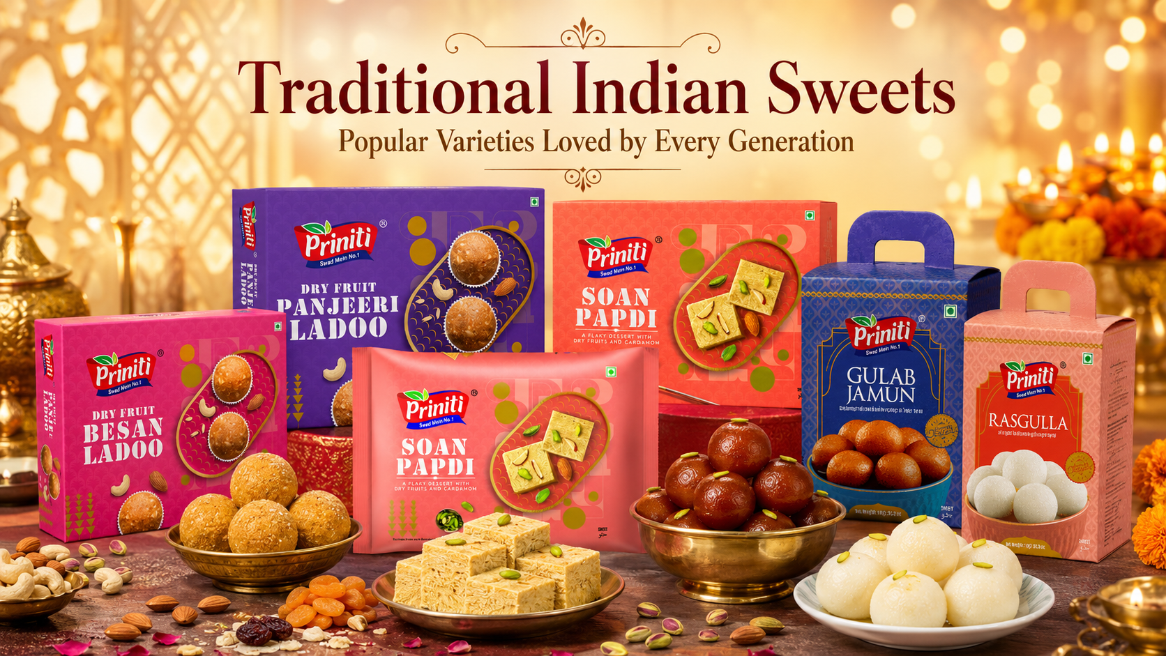 Traditional Indian Sweets including Gulab Jamun, Rasgulla, Soan Papdi, Besan Ladoo and Panjeeri Ladoo from Priniti Foods